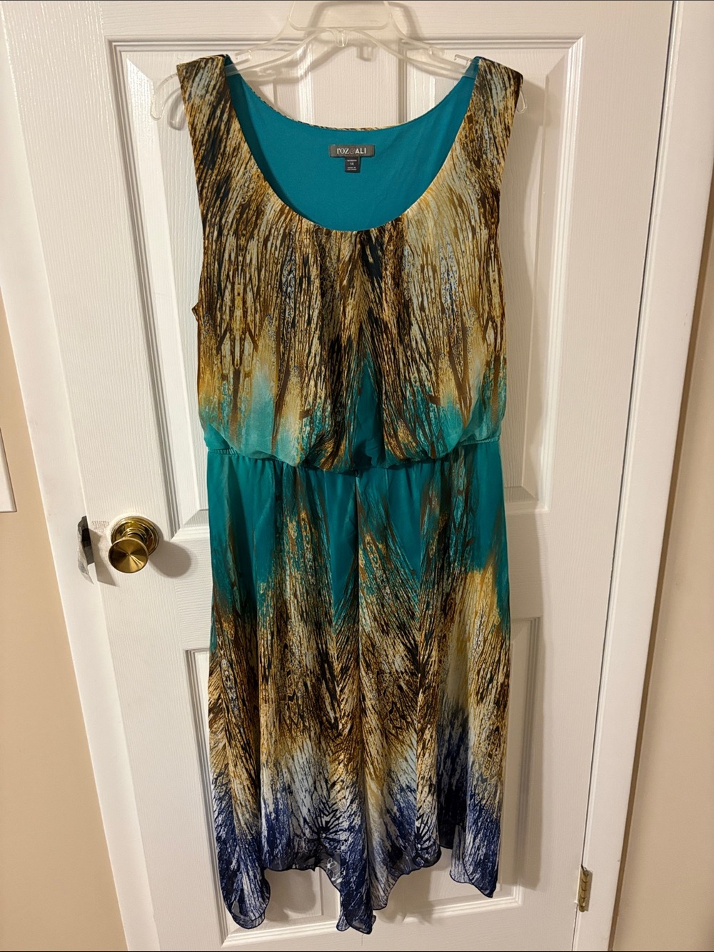 Roz & Ali Teal Multicolor Scoop Neck Midi Dress with Gold Accents